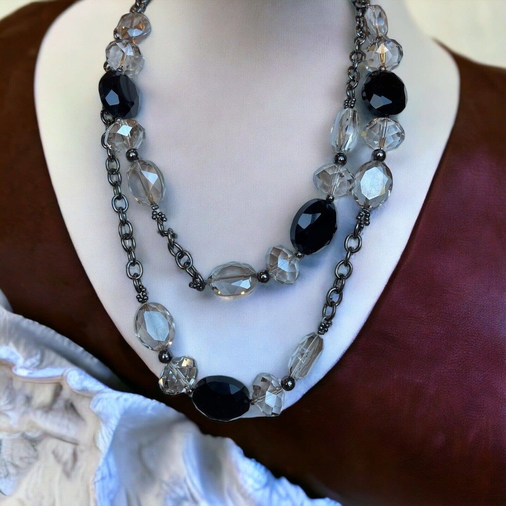 Premier Designs Black Clear Grey Faceted Glass Beaded 40” Necklace Gun Metal